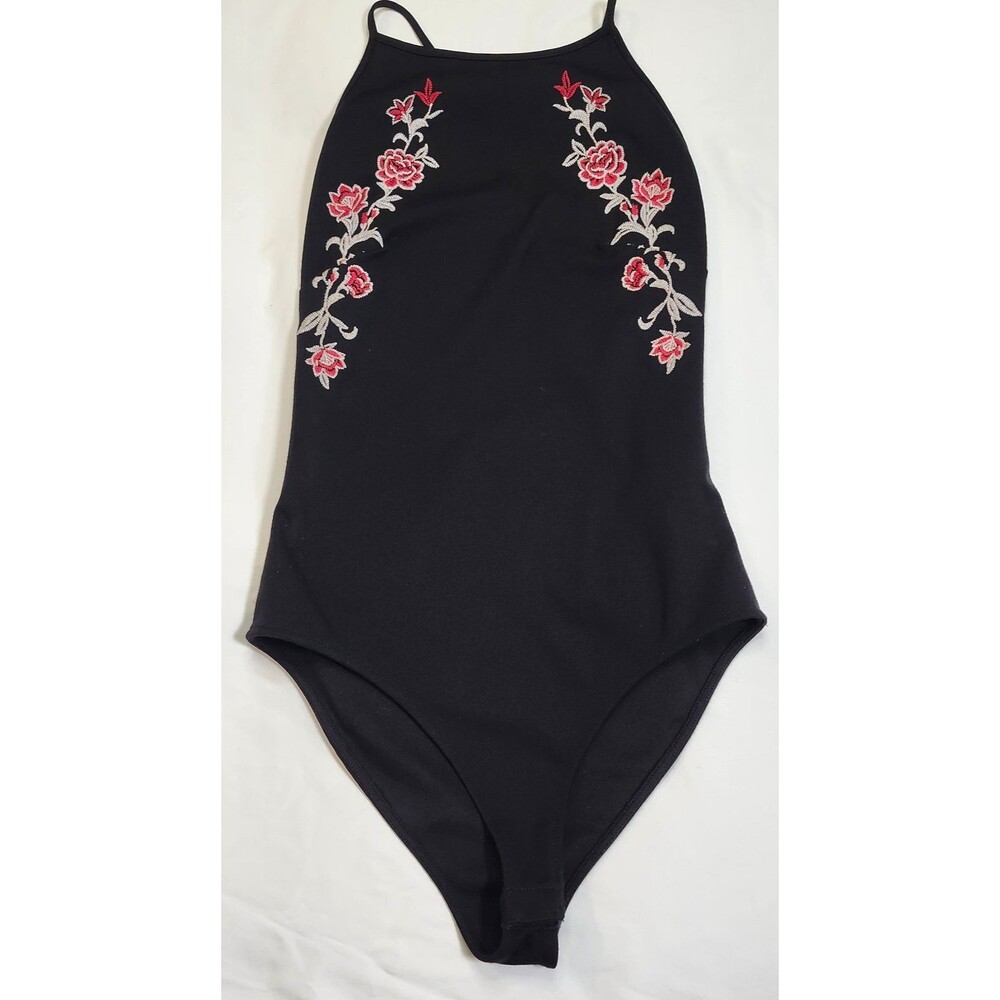 Women's Embroidered Rose Bodysuit Black Red Strappy Low Back Sexy Tank Top - Med